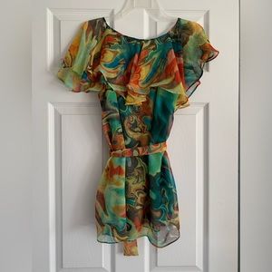 Women’s Blouse 7 Wonders Bright Colorful Swirl Design Sheer Size Small